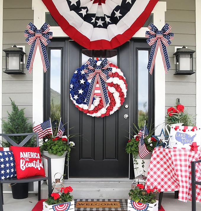 2 Pack 4th of July Decor Bow for Wreath,Red White Blue Stripe Stars Tree Topper Bows for Patriotic,Independence Day,Memorial Day,Veteran's Day,Front Door Indoor Outdoor Decorations