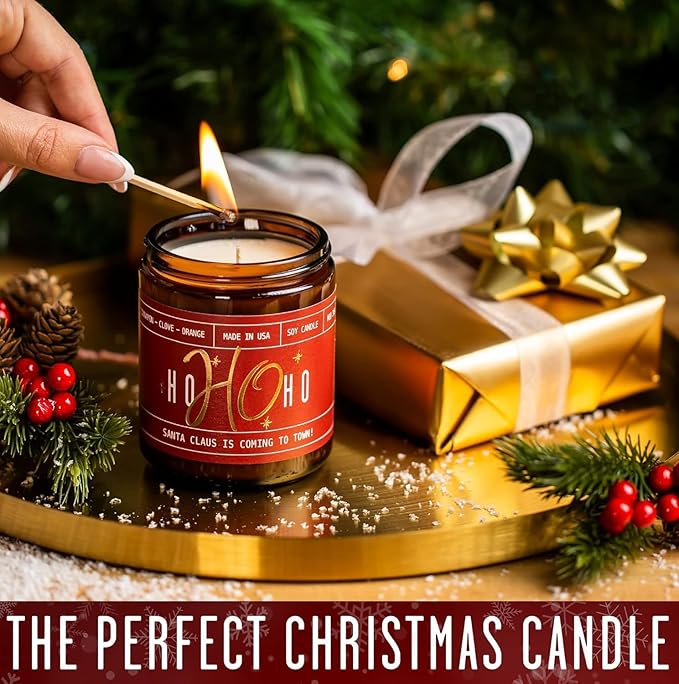 Christmas Candles for Holiday Set of 2 - 'Ho Ho Ho' Christmas Scented Candles, w/Clove, Orange & Cinnamon Candle I Stocking Stuffers for Women I 9oz Reusable Jar, 50Hr Burn, USA Made
