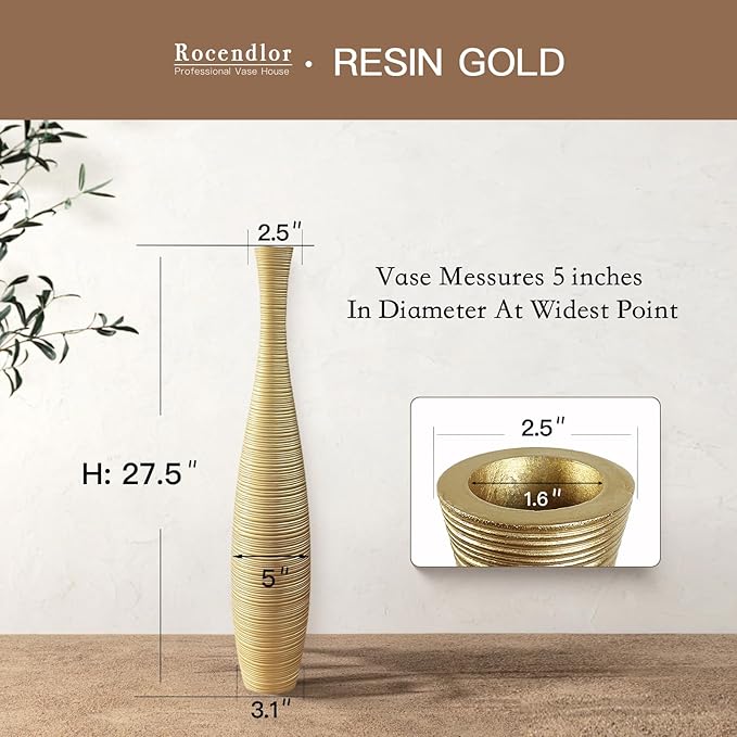 Tall Floor Vase, Large Vases for Rustic Home Decor Modern Farmhouse, Sturdy, Luxury, Textured, Vessel for Decorative Branches Dried Flowers, 27.5 inches Floor Vase for Decor, Gold Vases