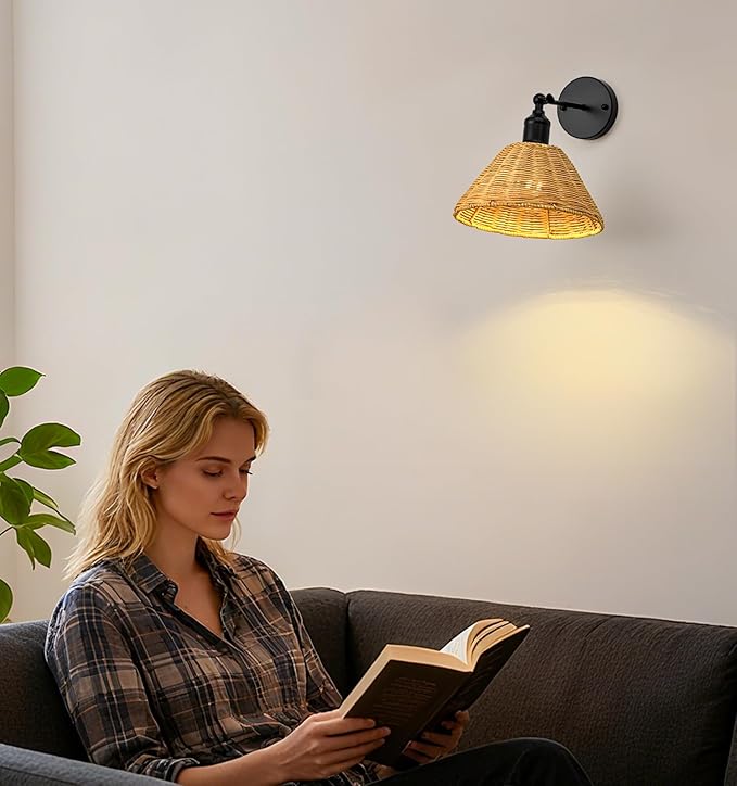 2 Pack Battery Operated Bamboo Rattan Wall Sconce, Black Vintage Rattan Dimmable Sconce, Unique Bohemian Style Design for Bedroom, Living Room, Kitchen