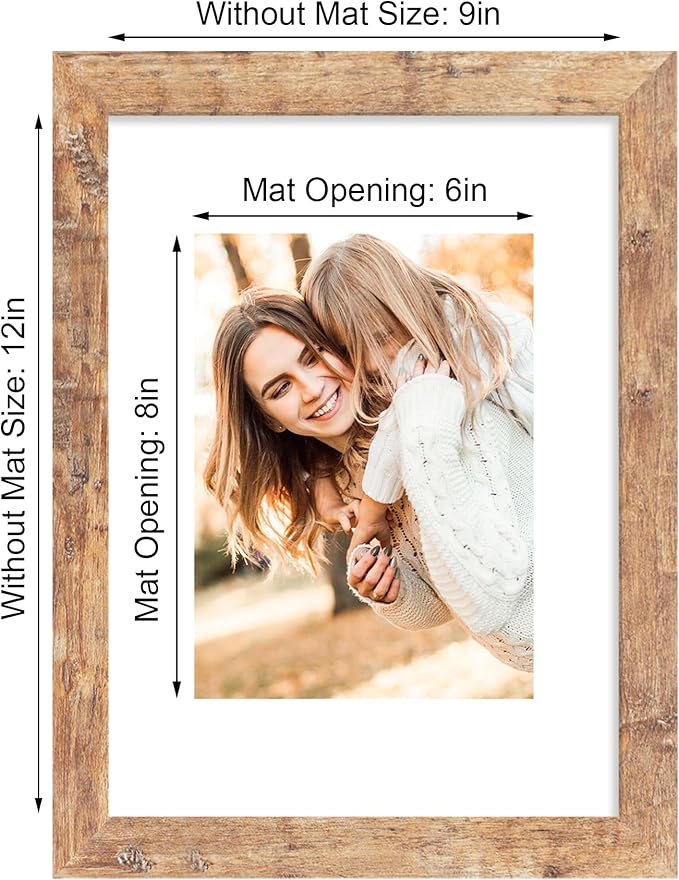 iRahmen 9x12 Picture Frame Set of 4 with Tempered Glass, Rustic Brown Frame Display 6x8 Pictures with Mat or 9 x 12 Without Mat, Wooden 9 x 12 Photo Frame for Wall Mount and Tabletop Display