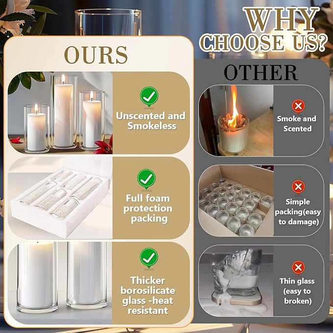 24 PCS White Pillar Candles with Glass Candle Holders Clear Hurricane Candle Holders Glass Cylinder Vases for Centerpieces Wedding Party, Event, Home Office (12 Candles+12 Candle Hoders)