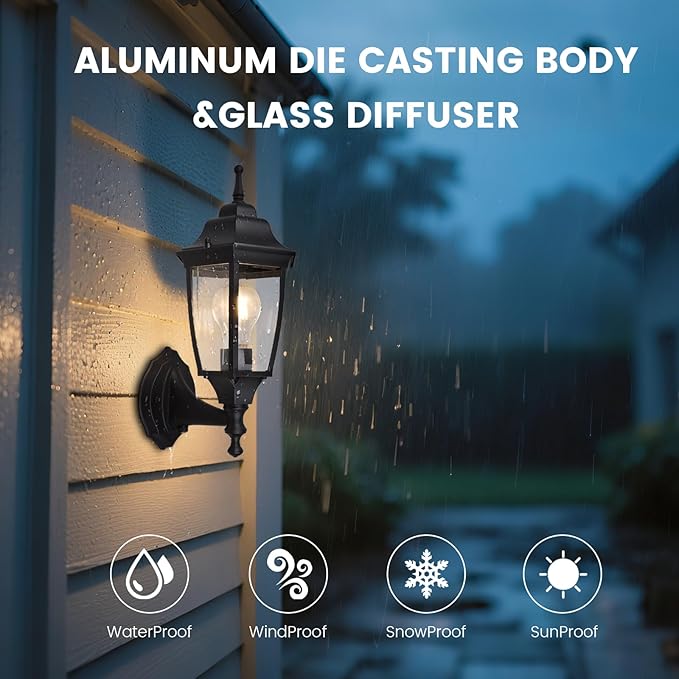 Photocell-Controlled Outdoor Wall Light – Die-Cast Aluminum & Glass Water-Resistant Exterior Fixture, Wet Location Rated, E26 Base (60W Max) for Porch, Garage, Garden（Black）
