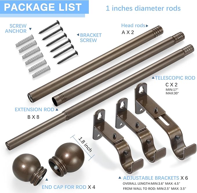 Curtain Rods for Windows 16 to 92 Inches, Curtain Rod Max Adjustable Length of 104 IN, 1" Diameter Drapery Rods Round Finials, Brown, Pack of 2