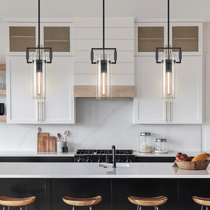 Modern Black Kitchen Island Pendant Lights,Knurled 12'' Glass Island Pendant Light,Farmhouses Pendant Light, for Kitchen,Dining Room,Bathroom,Bulb Included