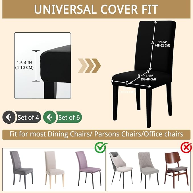 Dining Chair Covers Set of 6, Stretch Kitchen Removable Washable Chairs Slipcovers Seat Protector for Home, Party, Banquet (Black)