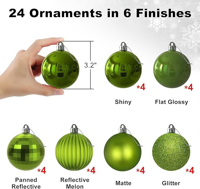Lime Green 3.2" Large Christmas Balls - Christmas Tree Decoration Ornaments Shatterproof Hanging Balls for Birthday Halloween Holiday Wedding Decorations Set of 24pcs