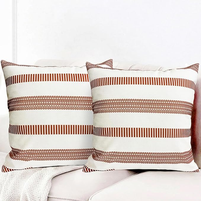 Decorative Throw Pillow Covers Set of 2 Coffee Boho Striped Pillow Covers 18x18 Inch Throw Pillow Cover Linen Pillowcase Farmhouse Outdoor Pillow Covers for Couch Sofa Bed Living Room