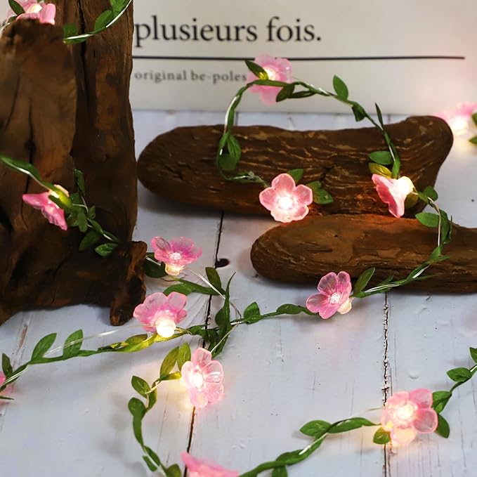 Cherry Blossom Decor Flower String Lights Vines with Fairy Lights Christmas, 30 LED Copper with Remote Control Battery Operated Pink Flower Garland Leaf for Locker, Wall,Christmas Decorations-2 Pack