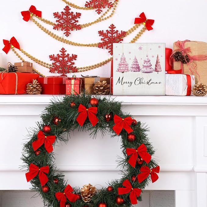 Merry Christmas Decorations - Pink Christmas Tree Wooden Sign, Cute Holiday Room Decor for Desk Table Shelf 5 X 5 Inches