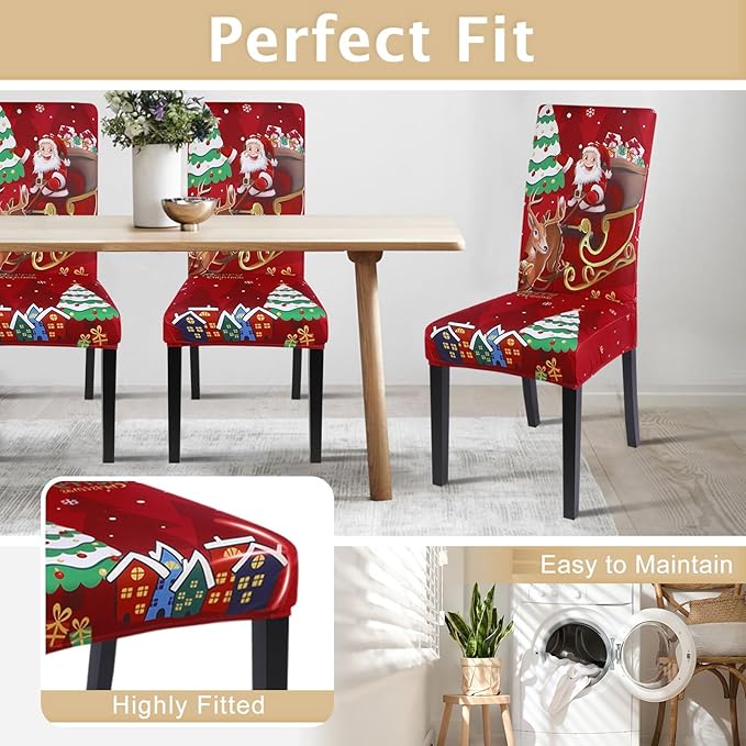 SearchI Christmas Chair Covers Set of 6, Stretch Xmas Kitchen Chair Cover Removable Washable Holiday Parsons Chair Slipcovers for Dining Room, Christmas Decoration, Ceremony(Santa Claus+Elk)