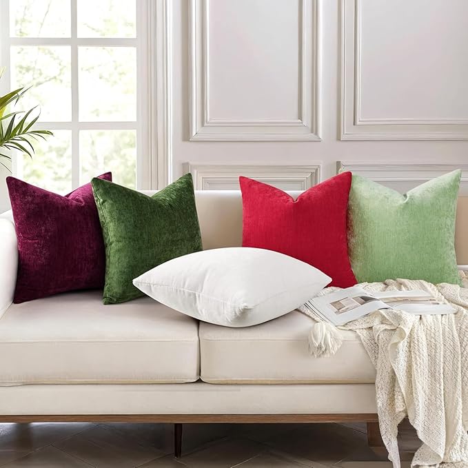 decorUhome Chenille Christmas Red Throw Pillow Covers 18x18 Inch Set of 2, Decorative Soft Couch Pillow Covers Solid Dyed Accent Farmhouse Neutral Square Pillow Cases for Sofa Bed Living Room