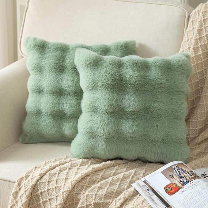 Yaertun Pack of 2 Sage Green Thick Soft Wool Decorative Throw Pillow Covers 26x26 Inch Faux Fur Plush Fluffy Cushion Covers for Sofa Couch Bedroom