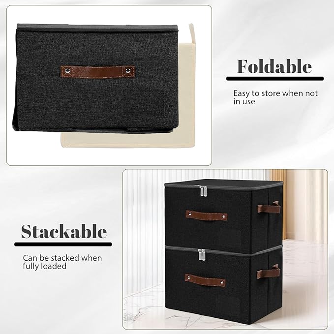 ANMINY Storage Bins with Zipper Lid Storage Boxes with Label Holder PU Leather Handles Washable Foldable Decorative Lidded Cotton Linen Fabric Cubes Baskets Closet Organizer - Black, Small