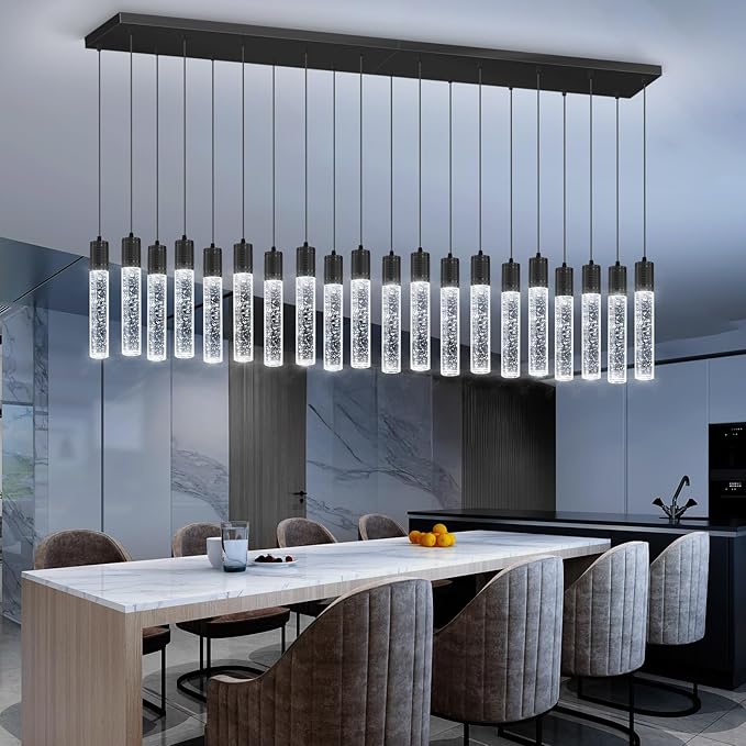 20-Lights Modern Crystal Rectangular Chandeliers LED Pendant Light for Kitchen Island High Ceiling Chandelier for Dining Room Entrance Foyer Living Room Black