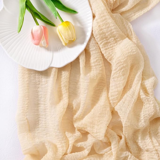 Socomi 6pcs Beige Cheesecloth Table Runner Valentine's Day Gauze 120 Inch Rustic Boho Cheese Cloth Runner for Wedding Party Baby Bridal Shower Centerpiece Decoration Holiday Home Decorations