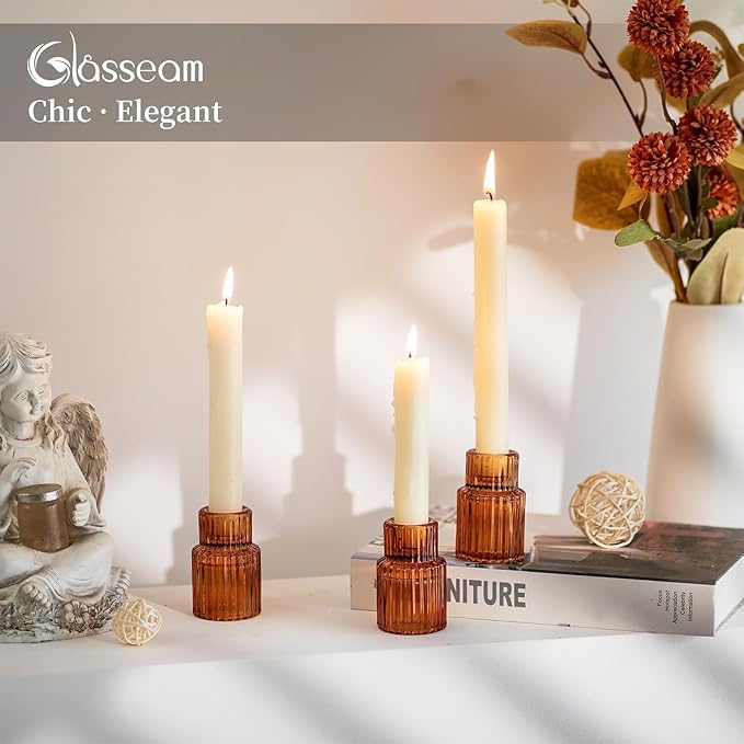 Glasseam Glass Tapered Candlestick Holders: Amber Taper Candle Holders Set of 2 Ribbed Small Candle Stick Holder for Table Centerpiece Fall for Christmas Party Halloween Thanksgiving Decor