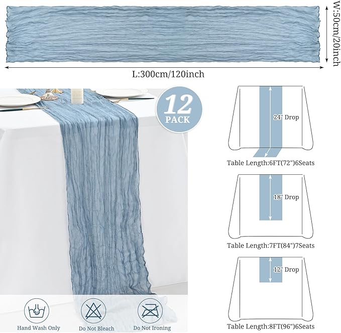 Dusty Blue Table Runner, 10FT Gauze Boho Cheesecloth Runner for Wedding Party