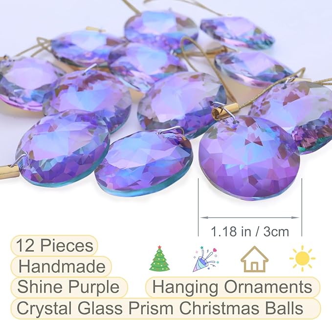 12 Pcs Crystal Glass Christmas Balls Ornaments, 1.18″ Mini Round Prism Flower Xmas Tree Decorations, Hanging Ornament for Wedding Party Home Decor (Purple)