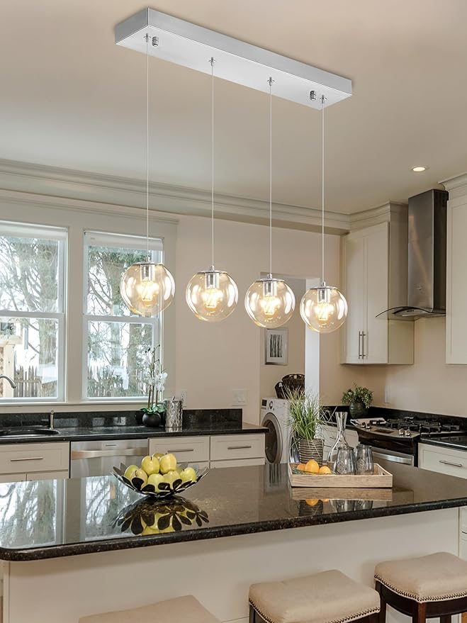 Modern Kitchen Island Lighting Linear Chandeliers for Dining Room 4-Light Glass Globe Hanging Pendant Light for Living Room Hallway Bedroom