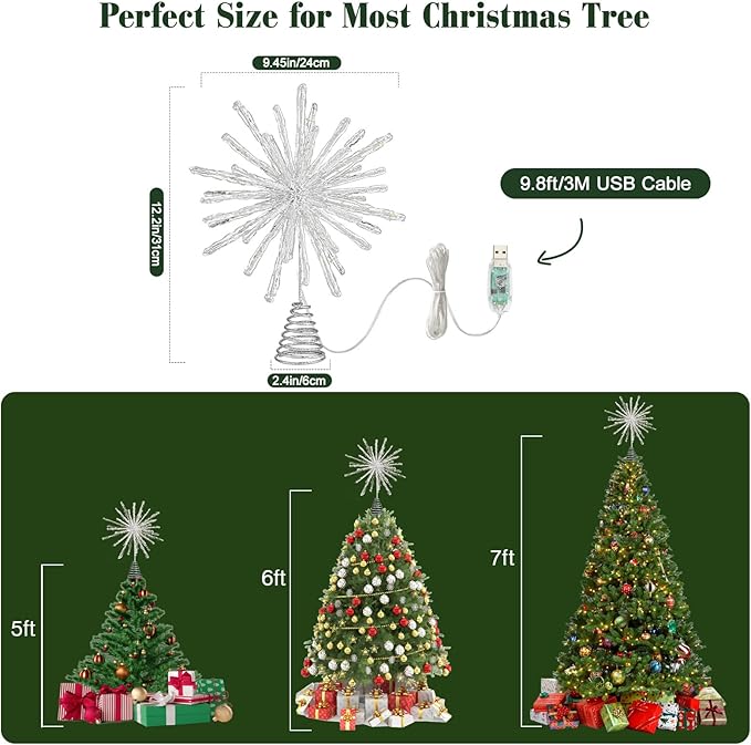 Lewondr Christmas Tree Topper, 12.2'' Glittered Epoxy Firework Xmas Tree Topper with 30 LED Bulbs, 6 Hrs Timer and 8 Modes USB Remote Control, Christmas Treetop Decor for Home Holiday, Silver