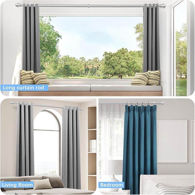 Curtain Rods for Windows 16 to 120 Inches, Curtain Rod Max Adjustable Length of 132 IN, 1" Diameter Drapery Rods Round Finials, Satin Silver, Pack of 1