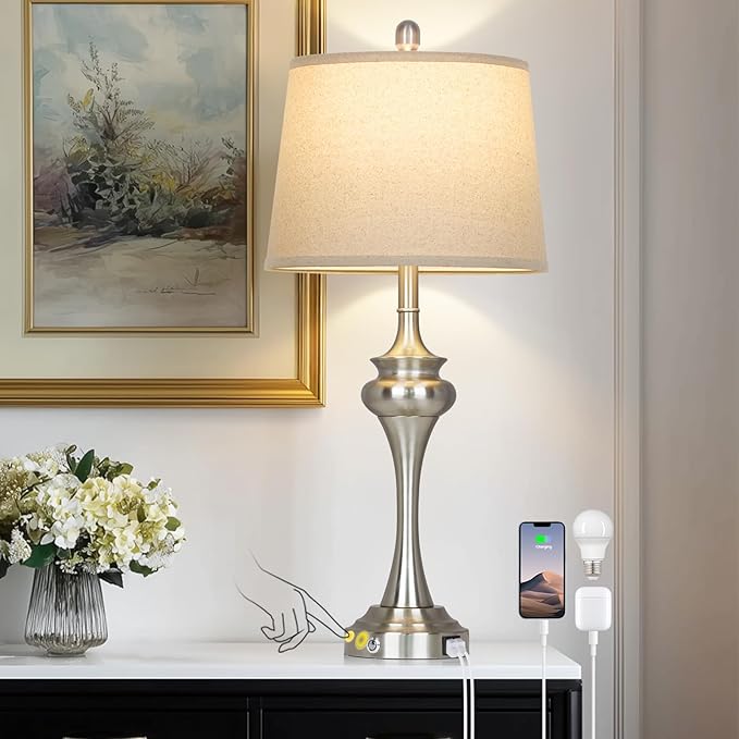 30 inch Silver Table Lamp Single, 3 Way Touch Control Bedside Lamp with USB A+C Ports, Modern Brushed Nickel Bedroom Lamps for Nightstand, Tall Metal Living Room Lamps for Side Table Office