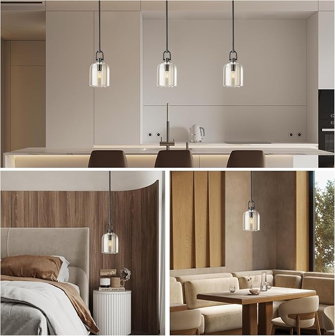 Black Pendant Light Fixtures, Modern Pendant Lights, Indoor Pendant Light for Kitchen Island Dining Room Living Room Bedroom Bathroom, E12 Bulb Included, 2PCS
