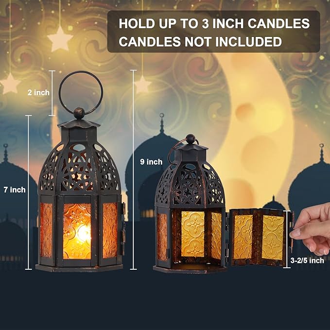 DECORKEY Decorative Moroccan Candle Lantern,9’’ Metal Hanging&Tabletop Lantern Candle Holder Decor, Halloween Christmas Ramadan Decorations for Home Indoor Outdoor Patio (Amber)