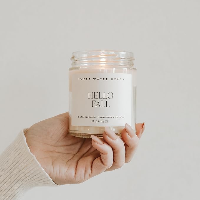 Sweet Water Decor Hello Fall Candle | Cinnamon, Apples, and Clove Autumn Scented Soy Candles for Home | Halloween Fall Candle 9oz Clear Jar, 40 Hour Burn Time, Made in The USA