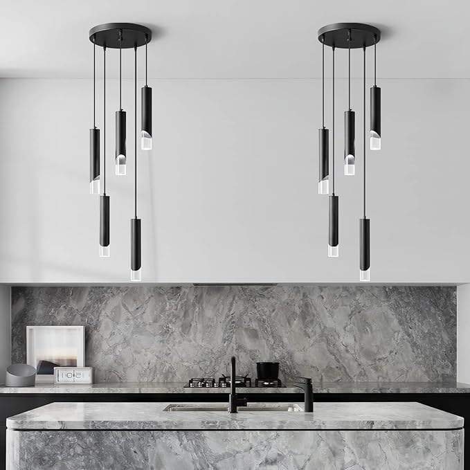 Modern Pendant Light Kitchen Light Fixture Dimmable LED Black Mini Pendant Lights Dinning Room Black Pendant Lighing for Kitchen Island Bedroom (5-Light)