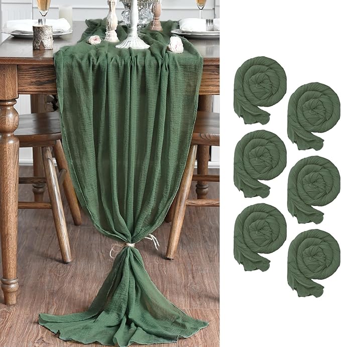 Artoid Mode Boho Forest Green Gauze 6 Pieces Wedding Table Runner, 120 Inch Birthday Fabric Kitchen Dining Holiday Table Decor for Home Party Indoor