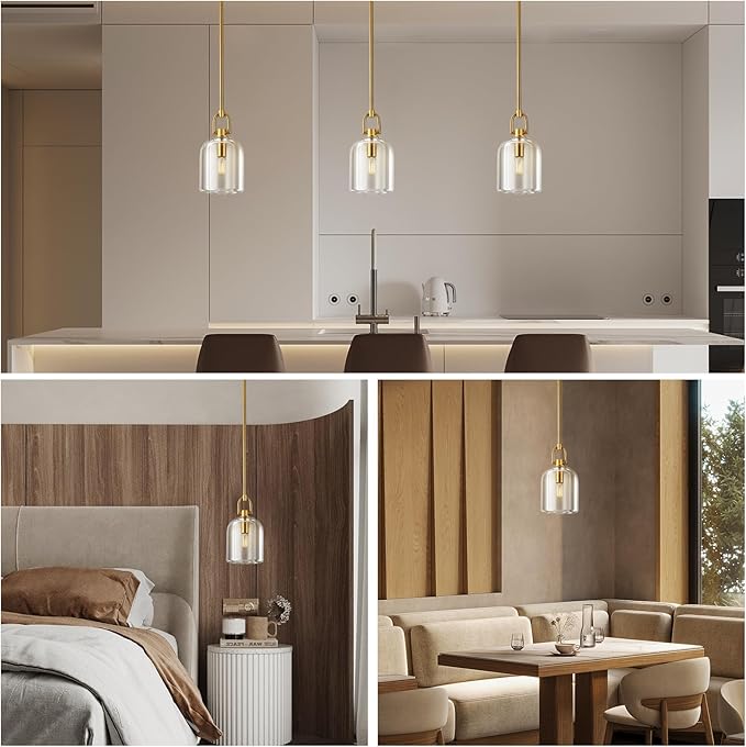 Brass Pendant Light Fixtures, Gold Pendant Light, Indoor Pendant Light for Kitchen Island Dining Room Living Room Bedroom Bathroom, E12 Bulb Included