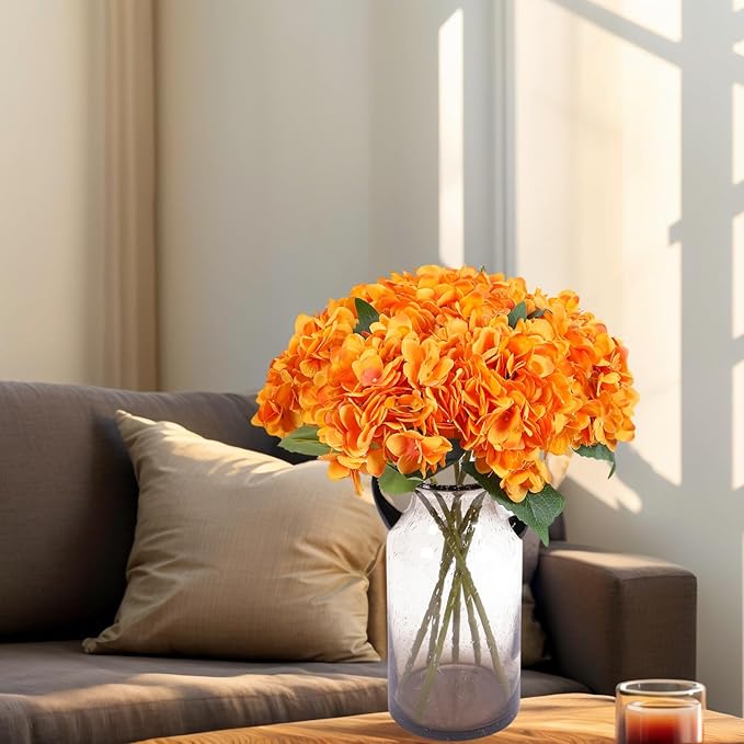 Kimura's Cabin 6pcs Artificial Silk Hydrangea Flowers with Stems Fake Hydrangea Bouquet for Home Table Centerpieces Wedding Party Halloween Decoration (Orange Yellow)