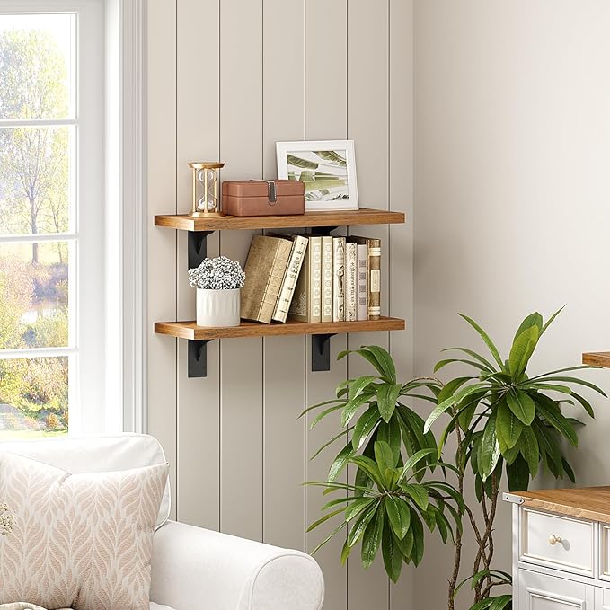 HOOBRO Floating Shelves for Wall, 15.4" Wall Mounted Shelves Set of 2, Hanging Storage Shelf with Metal Brackets, Wooden Shelf for Living Room, Bedroom, Bathroom, Rustic Brown and Black BF42BJP201G1