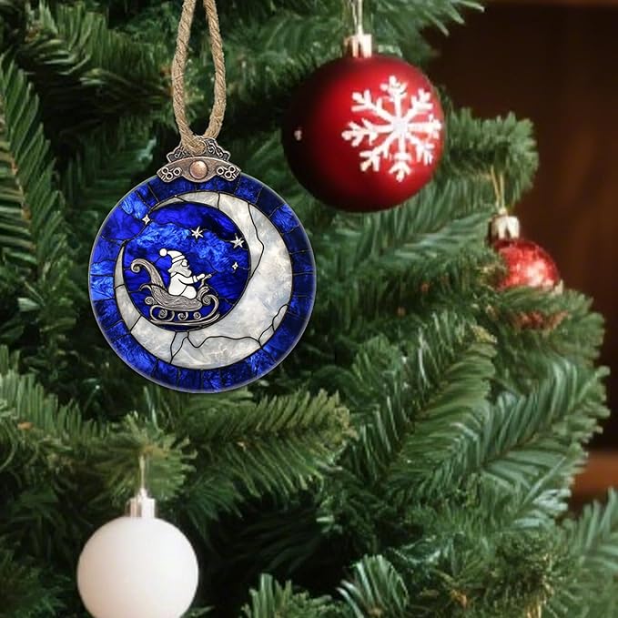 Stained Glass Christmas Decorations, Santa Claus On The Moon Suncatcher for Window Christmas Tree Hanging Ornaments Blue White Sun Catcher Xmas Decor Gifts for Women Men Mom Nana Friend