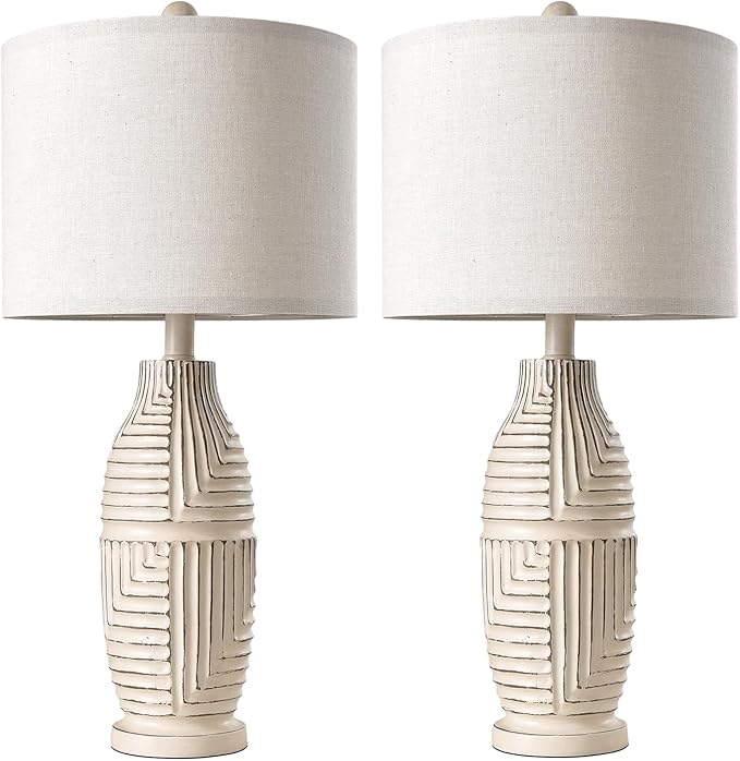 BOBOMOMO 25" Rustic Farmhouse Table Lamps Set of 2, Vintage Resin Nightstand Lamps with Fabric Shades, Retro Bedside Lamps for Bedroom, Living Room, Dining Room, Home Decoration