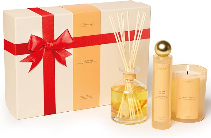 Benevolence LA Golden Luster Gift Box | Candle, Room Spray & Reed Diffuser | Orange, Cedarwood & Clove | Luxurious Home Fragrance | Ready for Gifting Set | Thanksgiving Gifts for Women