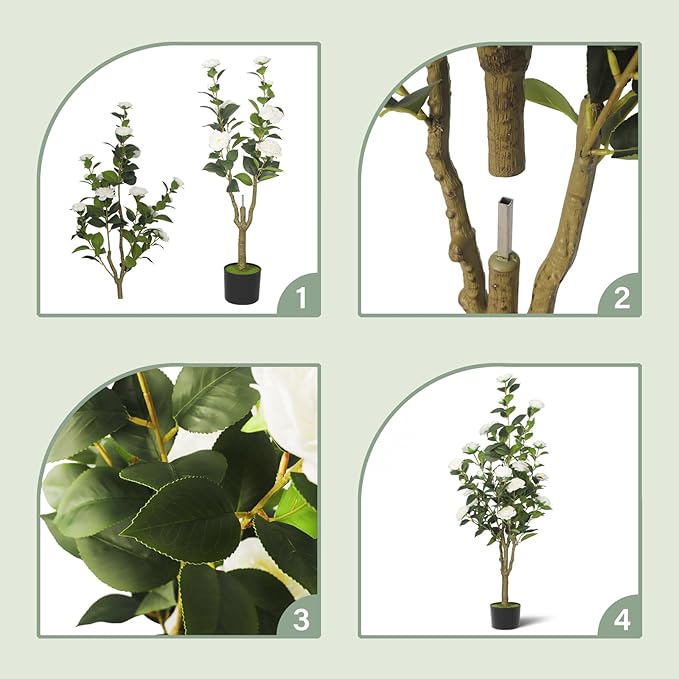 2-Pack 4FT Artificial Camellia Tree,Realistic Fake Potted Plants with Flowers&Planters,Indoor/Outdoor Faux Flowering Trees for Home,Office,Porch,Wedding,and Housewarming Gift Decor,White