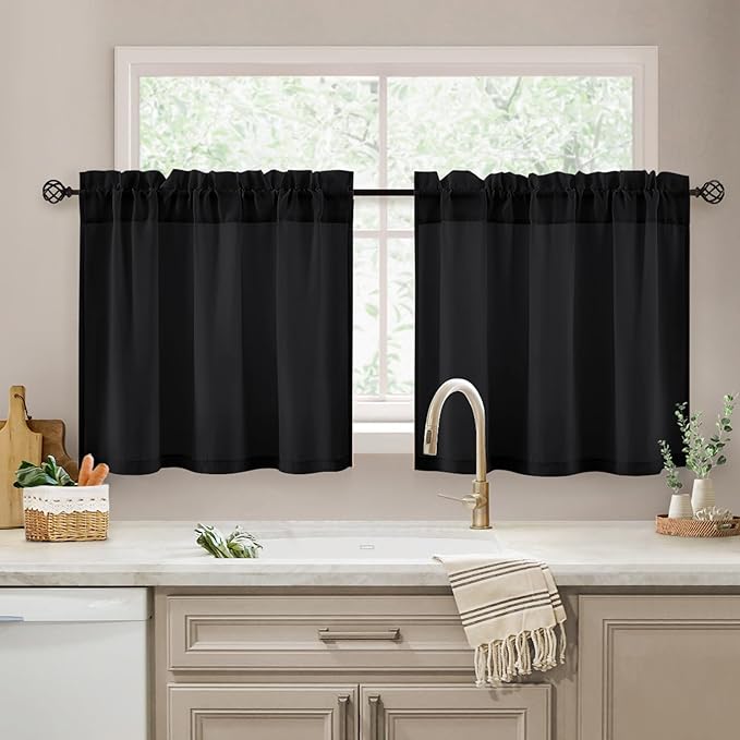 HOMEIDEAS Halloween Non-See-Through Black Privacy Sheer Kitchen Curtains 24 Inches Long 2 Panels Set Light Filtering Curtains for Living Room Bedroom Drapes,W30xL24