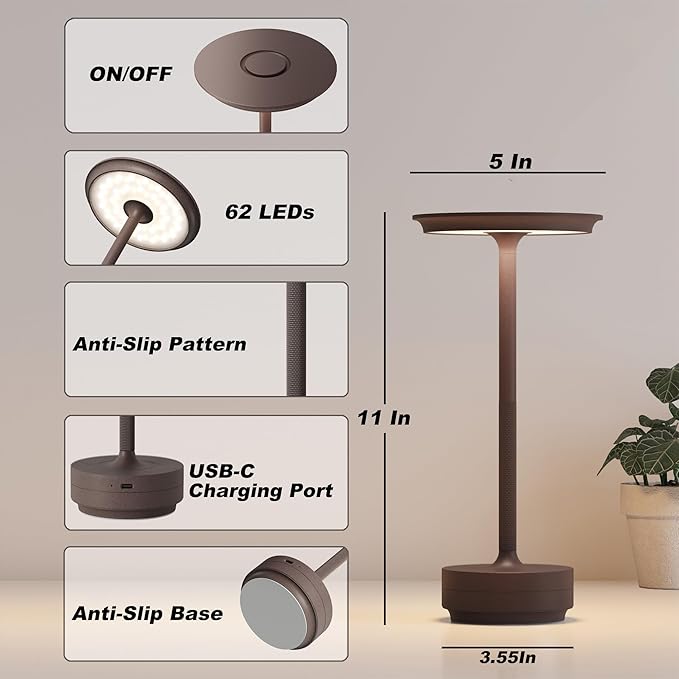 Rechargeable Table Lamps Cordless, Portable 5000mAh Outdoor Table Light, 3 Color Stepless Dimming LED Table Lamp with Memory Function, for Home/Dinner/Patio/Restaurant.(Rust)