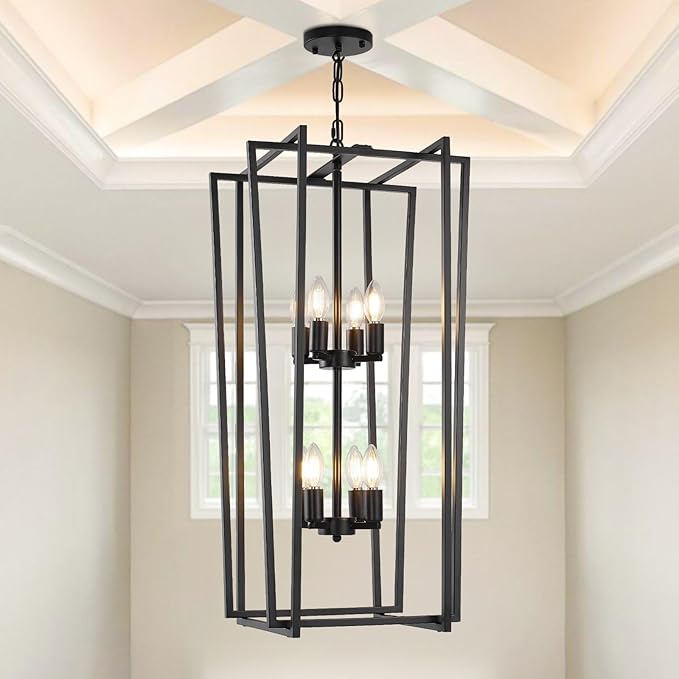 8-Light Tiered Lantern Pendant Light Fixtures,Large Foyer Chandeliers for High Ceilings,Industrial Foyer Lighting Fixtures,Long Chandeliers for High Ceilings,Farmhouse Chandelier for Entryway, Black