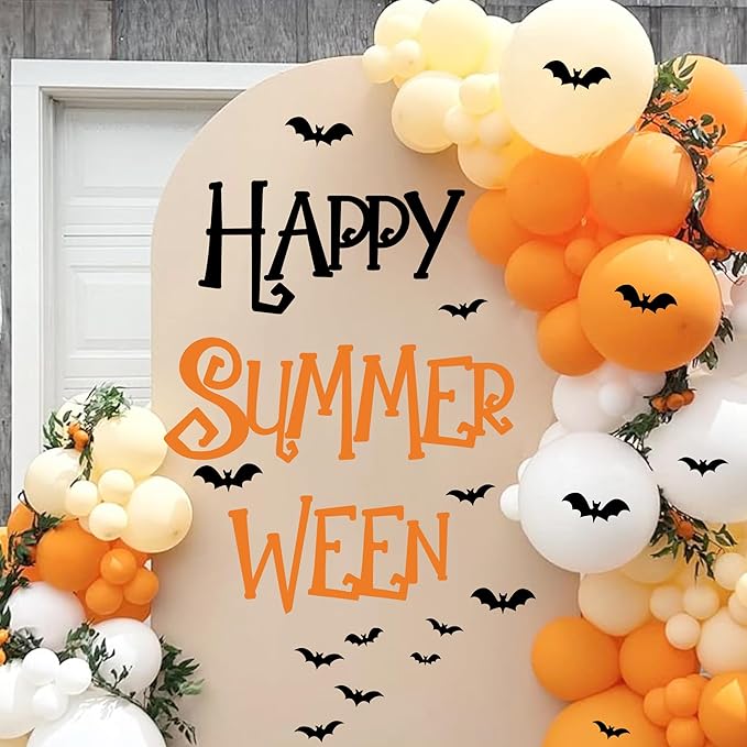Happy Halloween Party Sign Decals for Backdrop Summerween Party Decorations Decal Halloween Wall Decor Vinyl Sticker Summer Halloweens Bats Vinyl Letters Signs Birthday Bachelorette Banner Supplies