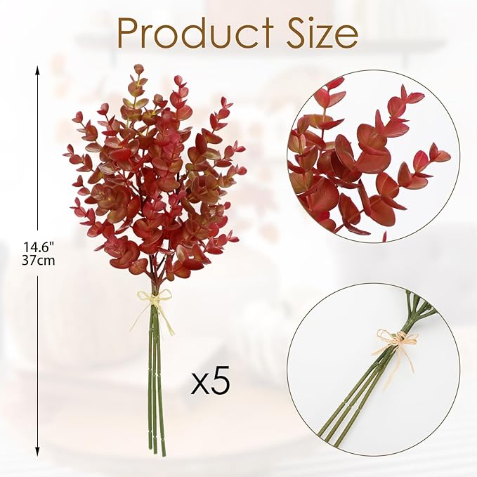 5 Stems Artificial Fall Greenery – 14.6" Eucalyptus Leaf Stems for Autumn Floral Arrangements, Thanksgiving Centerpieces, Fall Decor Bouquets, Burgundy Red
