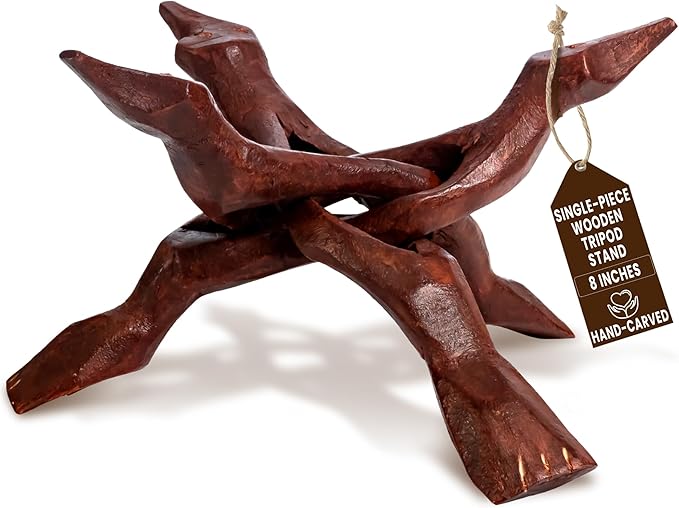 Alternative Imagination Wooden Tripod Display Stand – 8-Inch Hand Carved Holder Made from Sustainable Mango Wood – Folding Reddish-Brown Stand for Abalone Shell, Crystal Ball, Key Bowl, Trinket Dish, Incense, Decor and More