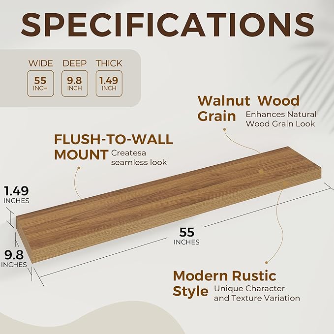 Dreamland 55 Inches Floating Shelves for Wall, 9.8" Deep Long Floating Shelves Set of 1, Large Display & Storage Shelf, Wall Shelf for Bathroom Bedroom Living Room Kitchen Office, Walnut