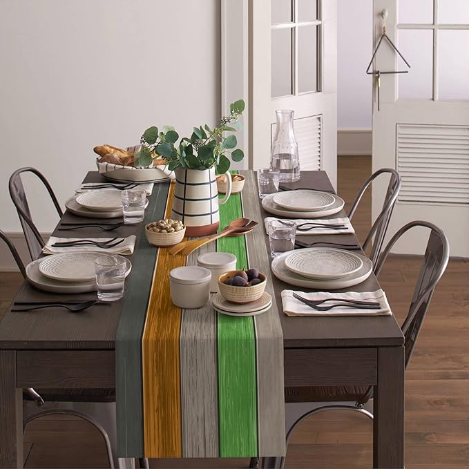 Farmhouse Cotton Linen Table Runner Extra Long 108 inches- Urbane Bronze Retro Rustic Barn Wood Texture Ombre Brown Orange Green Non-Slip Rectangle Settings Decor for Kitchen Home Dining Holiday