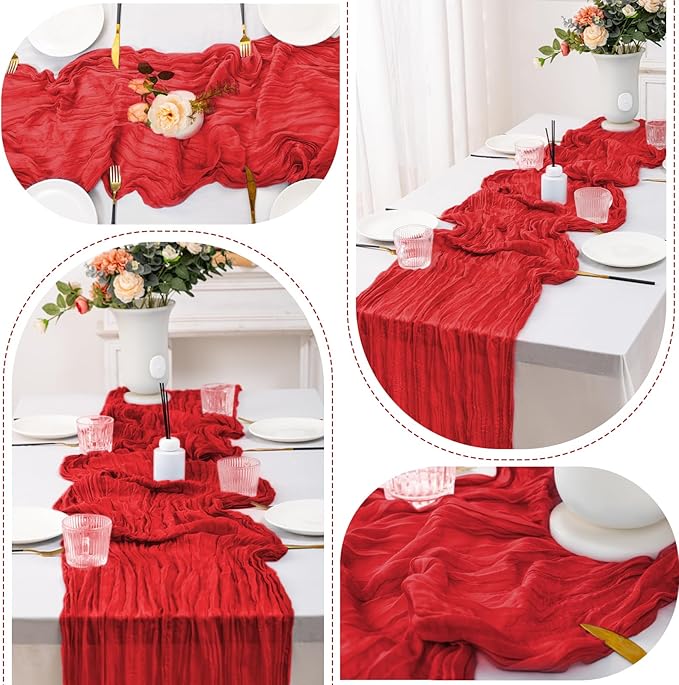 10 Pack Red Cheesecloth Table Runner,10FT/120 Inch Boho Gauze Fabric Table Runner,Rustic Sheer Red Cheese Cloth Runner Bulk for Wedding,Bridal Baby Shower,Christmas Party,Holiday Home Table Decor