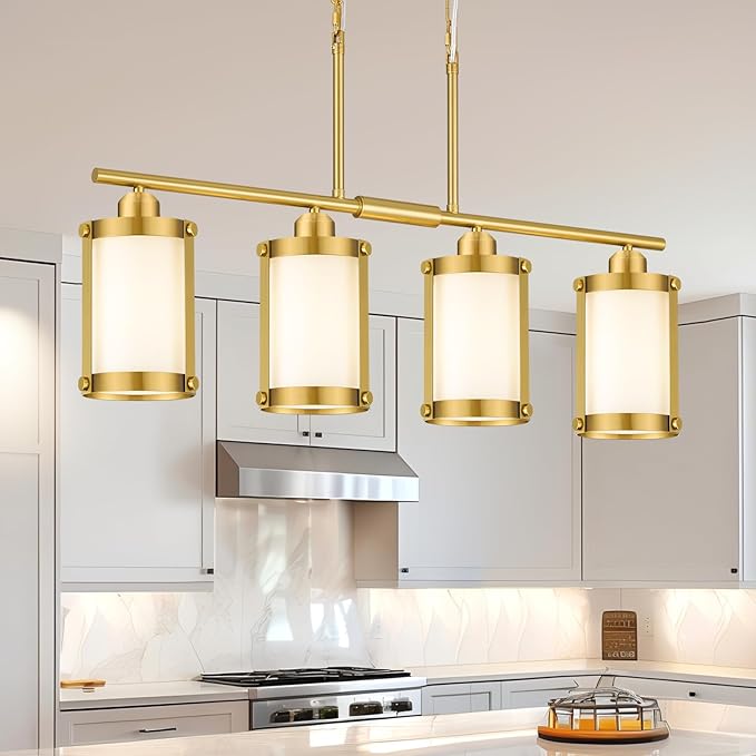 4-Light Kitchen Island Lighting, Brushed Gold Linear Dining Room Light Fixtures with Frosted Glass, Modern Mid Century Chandelier Pendant Light for Kitchen Island Dining Room, OS-3014-4ISBGW