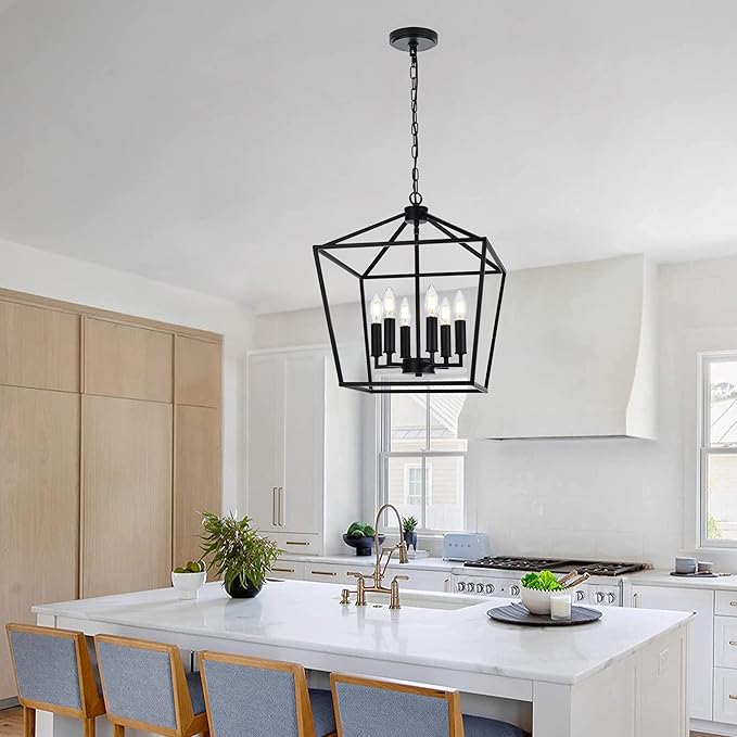 MELUCEE 6-Light Black Farmhouse Chandelier 16 Inches Cage Hanging Lights Rustic Lantern Pendant Lighting for Kitchen Island Dining Room Foyer Hallway, E12 Base